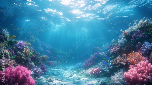 Underwater ocean scene vibrant coral reefs and sunlight filtering through clear blue waters creating a serene marine environment perfect for aquaticthemed backgrounds photo