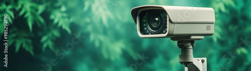 Surveillance camera capturing details against a blurred green background.