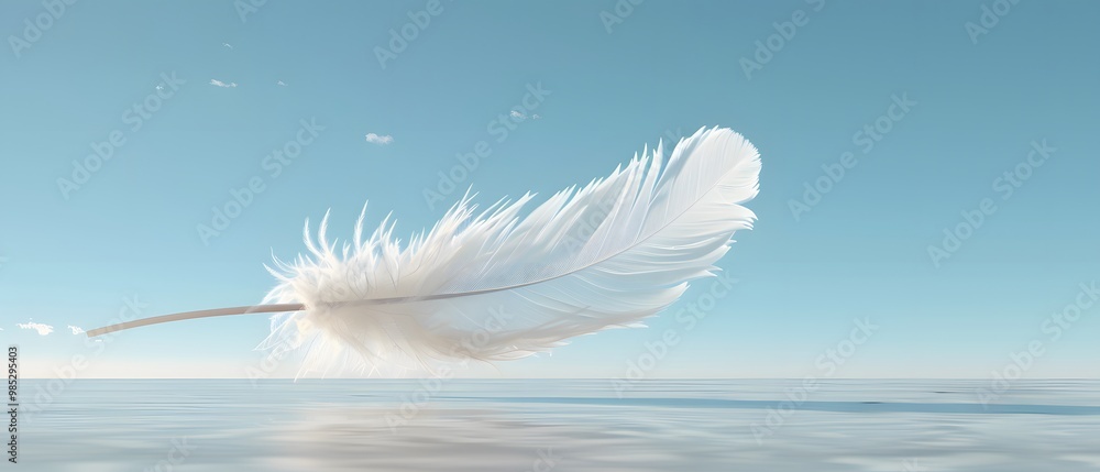 Single white feather floating on blue sky. Single white feather floating on blue sky.