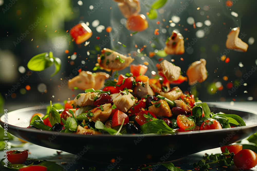 Indulge in a mouthwatering and vivid chicken salad filled with cherry tomatoes, greens, and fragrant herbs, where all the fresh ingredients are mixed together in harmony Indulge in a mouthwatering and vivid chicken salad filled with cherry tomatoes, greens, and fragrant herbs, where all the fresh ingredients are mixed together in harmony