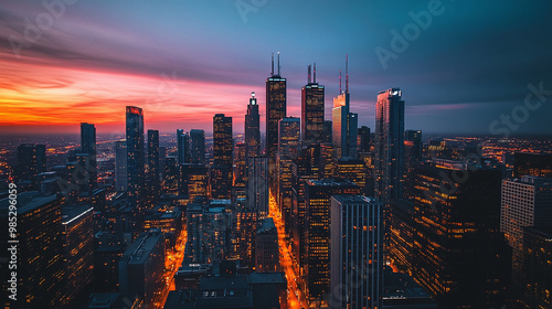 Cityscape at Dusk with Illuminated Buildings