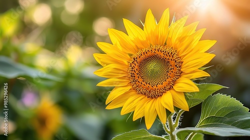 Close-up of a sunflower in bloom, with a blurred background of green leaves and sunlight.