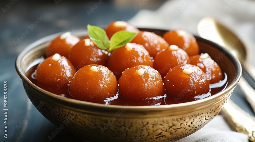 Front view of mouth-watering Gulab Jamun served in a bowl, featuring rich, golden-brown dumplings soaked in sweet syrup. Front view of mouth-watering Gulab Jamun served in a bowl, featuring rich, golden-brown dumplings soaked in sweet syrup.