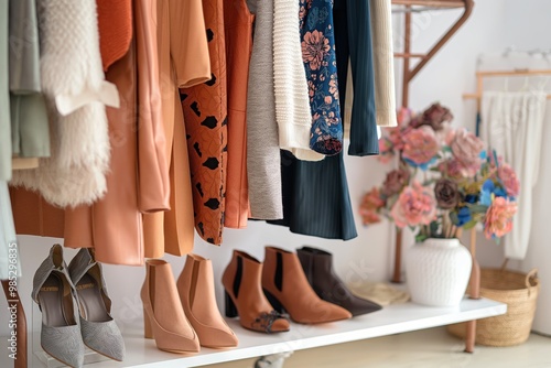 Elegant dressing room interior with stylish shoes, women clothes on rack. Modern design, luxurious decor, chic fashion. Female clothing collection in upscale indoor space with wooden floor, rug. photo