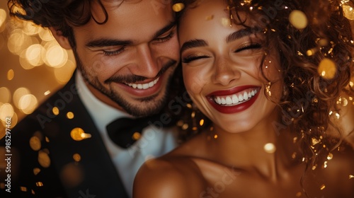 close-up shot happy couple in elegant evening attire, surrounded by falling golden confetti and sparkling lights. 