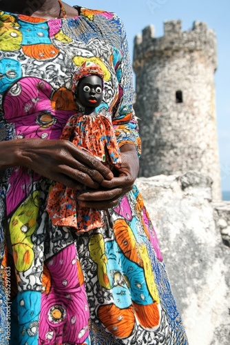 Close-Up Half body of a Haitian woman in a colorful dress, holding a voodoo doll, with the Citadelle Laferriere towering in the background. Cultural Portrait and Graphic Surrealism photo