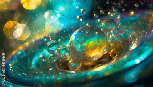 Swirling bubbles implode in a transparent blue liquid, creating a mesmerizing dance of motion and light, as cavitation ripples send delicate shockwaves through the serene fluid. photo