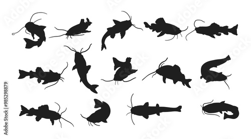 Mustache catfish silhouette illustration, Swimming fish vector