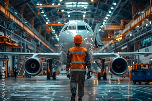 Aircraft engineer walking towards airplane.