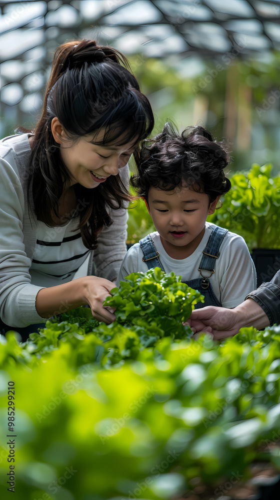Several Asian farmers working together in a hydroponics system on a vegetable farm. In a greenhouse garden, grandparents teach their grandchildren how to grow and care for organic lettuce vegetables. Several Asian farmers working together in a hydroponics system on a vegetable farm. In a greenhouse garden, grandparents teach their grandchildren how to grow and care for organic lettuce vegetables.