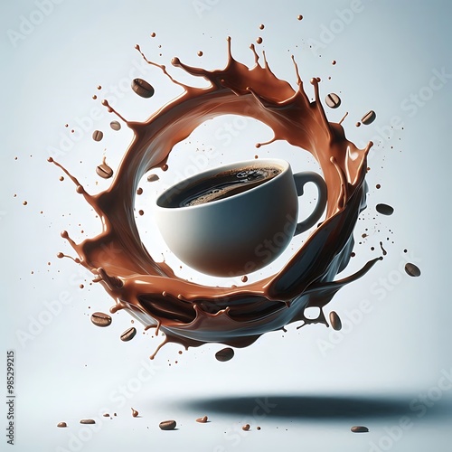 A captivating visual of a coffee cup hovering effortlessly against a light background, featuring an impressive splash of dark coffee and flying droplets, evoking a sense of fluidity and energy.