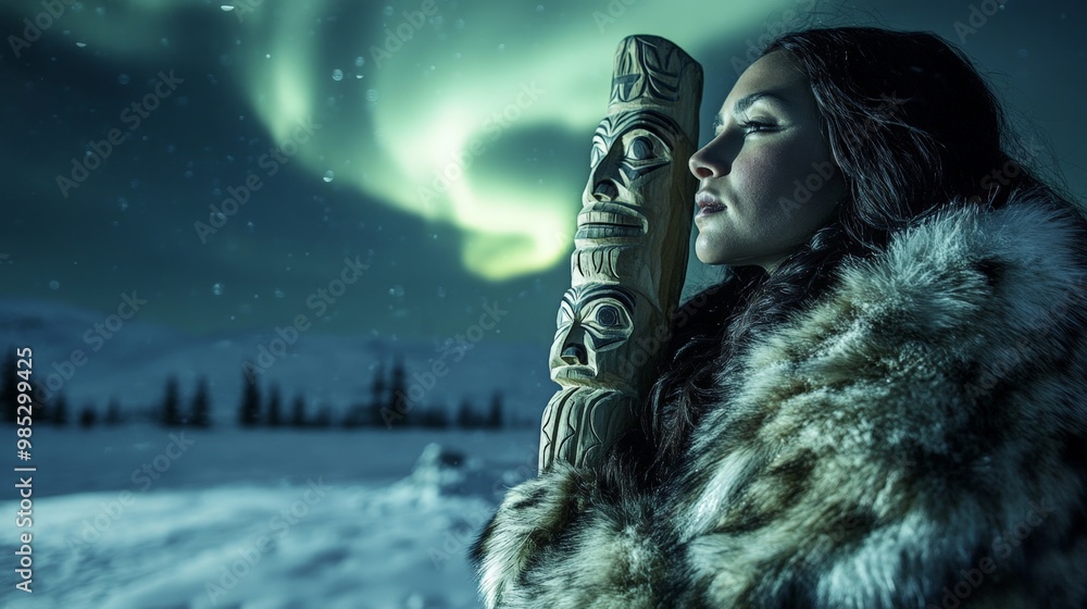 Close-Up Half body of a Native Alaskan woman in fur clothing, holding a carved totem, standing before a frozen tundra with the northern lights. Cultural Portrait and Graphic Surrealism Close-Up Half body of a Native Alaskan woman in fur clothing, holding a carved totem, standing before a frozen tundra with the northern lights. Cultural Portrait and Graphic Surrealism