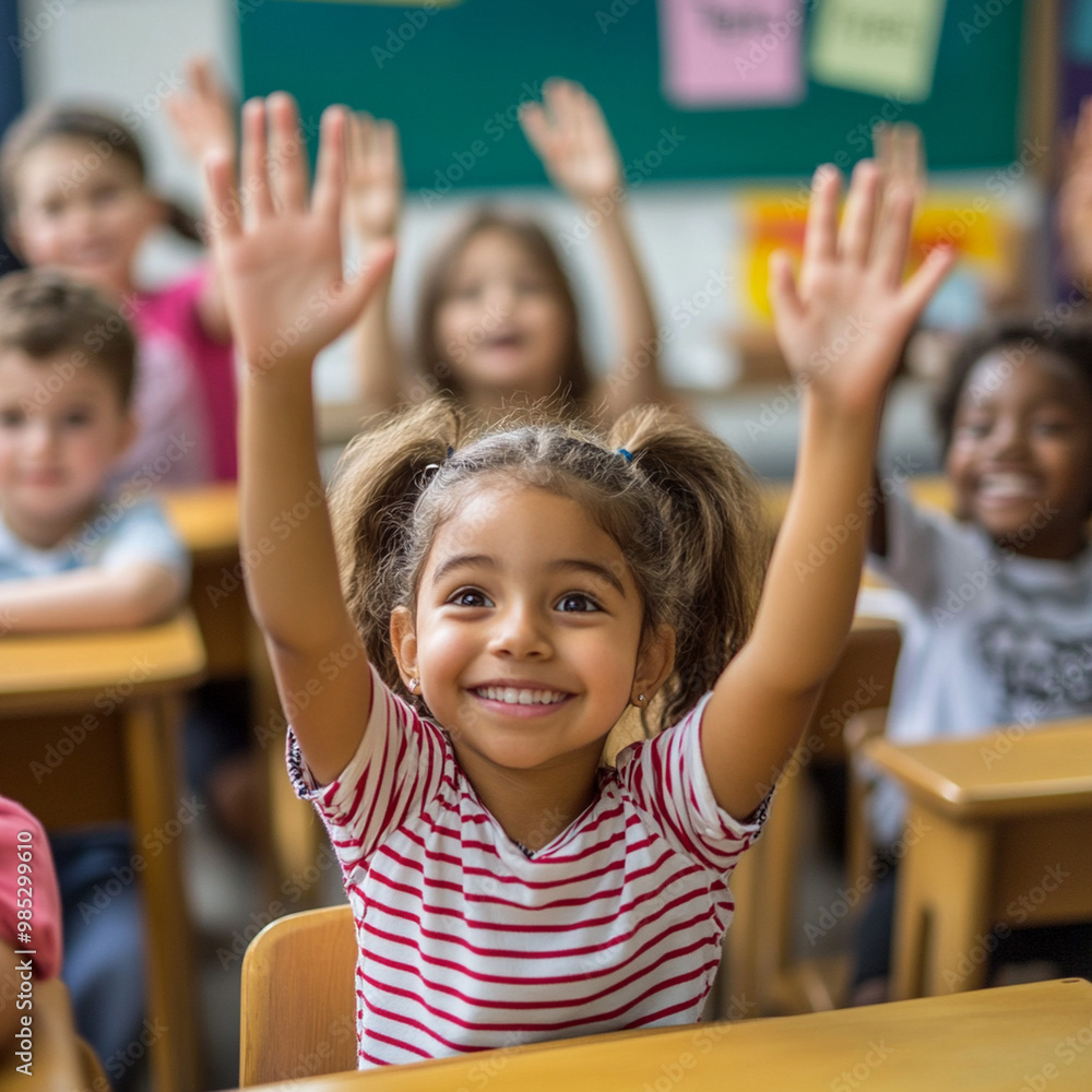 A lively classroom scene with diverse young students eagerly raising their hands, showcasing enthusiasm and engagement in learning. atmosphere is filled with joy and curiosity A lively classroom scene with diverse young students eagerly raising their hands, showcasing enthusiasm and engagement in learning. atmosphere is filled with joy and curiosity