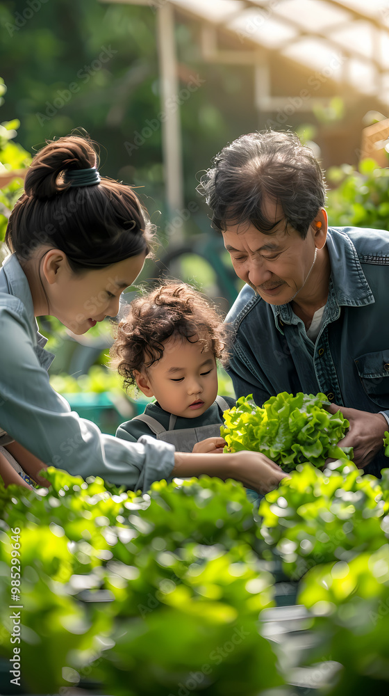 Several Asian farmers working together in a hydroponics system on a vegetable farm. In a greenhouse garden, grandparents teach their grandchildren how to grow and care for organic lettuce vegetables.