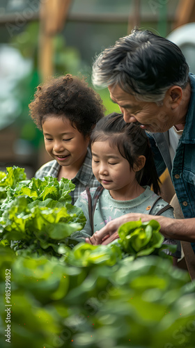 Several Asian farmers working together in a hydroponics system on a vegetable farm. In a greenhouse garden, grandparents teach their grandchildren how to grow and care for organic lettuce vegetables.