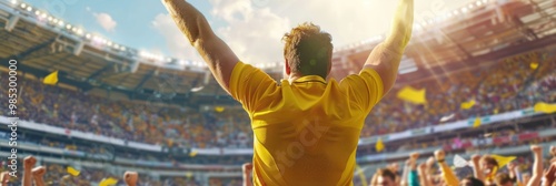 Vibrant scene person in yellow shirt raising arms in celebration amidst cheering fans at packed stadium. Main focus on individual joyful moment as stand out against blurred background of spectators. photo