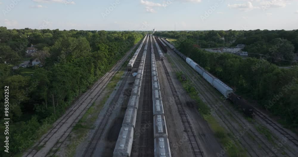 Freight train cars in kansas yard above wide rows Freight train cars in kansas yard above wide rows