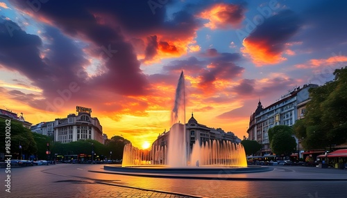 Stunning Sunset Over Piata Unirii in Bucharest with Vibrant Fountain and Dramatic Cityscape Under an Enchanting Sky