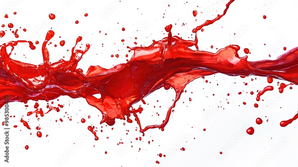 High-resolution close-up of a vibrant red liquid splash against a pristine white background, showcasing an intricate and dynamic pattern with suspended droplets, creating a striking and energetic High-resolution close-up of a vibrant red liquid splash against a pristine white background, showcasing an intricate and dynamic pattern with suspended droplets, creating a striking and energetic