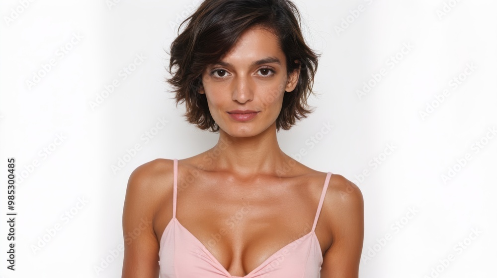 Obraz premium Young woman with short brown hair in pink top, against a white background.
