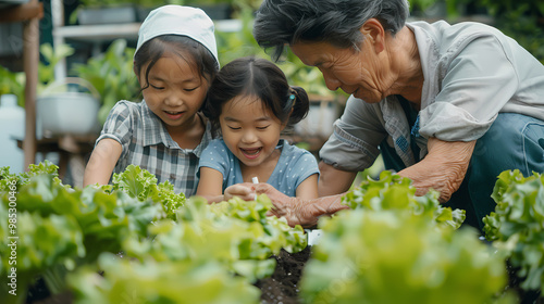 Several Asian farmers working together in a hydroponics system on a vegetable farm. In a greenhouse garden, grandparents teach their grandchildren how to grow and care for organic lettuce vegetables.