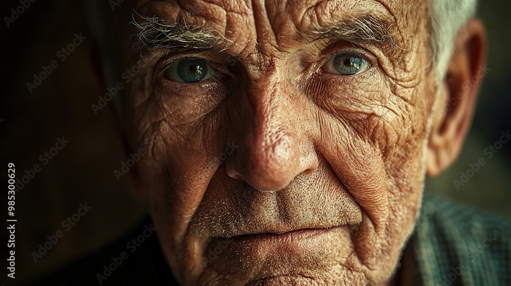 Close-up portrait of an elderly man with wrinkles, looking at the camera with a serious expression. Close-up portrait of an elderly man with wrinkles, looking at the camera with a serious expression.