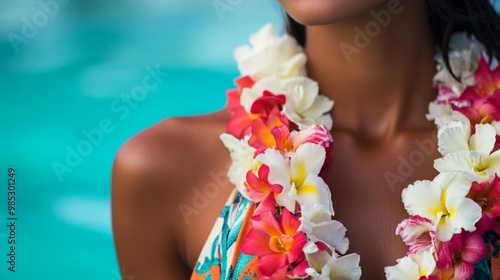 Close-Up Half body of a Tahitian woman in a pareo, holding a garland of flowers, standing against the turquoise waters of Bora Bora. Cultural Portrait and Graphic Surrealism photo