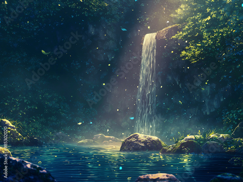 Scenery of waterfalls. Styled like an anime or game background. Blue sky, sunset, sunrise, night, fog, snow, rain, cloudiness, autumn leaves, etc. photo