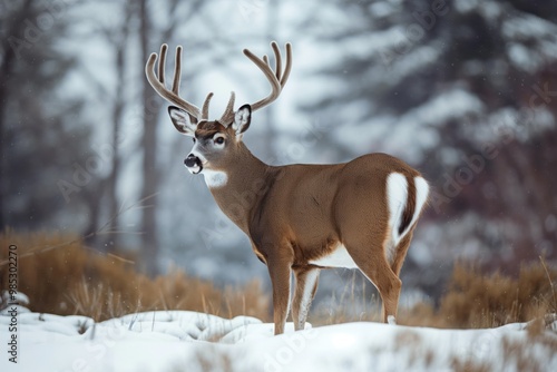 Whitetail deer stands in winter forest snow. Majestic cervid with white coat, antlers in pristine landscape. Cold winter scene with serene stillness, snowfall, and forest habitat.