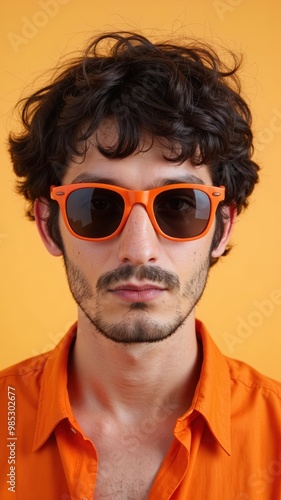 Young man with curly hair wearing orange sunglasses and a matching shirt against an orange background.