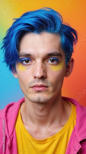 Young man with bright blue hair and colorful eyeshadow against a vibrant gradient background.