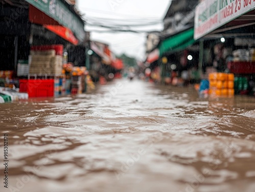 Wallpaper Mural Flooded marketplace with water covering the ground, visible stalls in the background, creating a scene of disruption and nature's impact on urban life. Torontodigital.ca