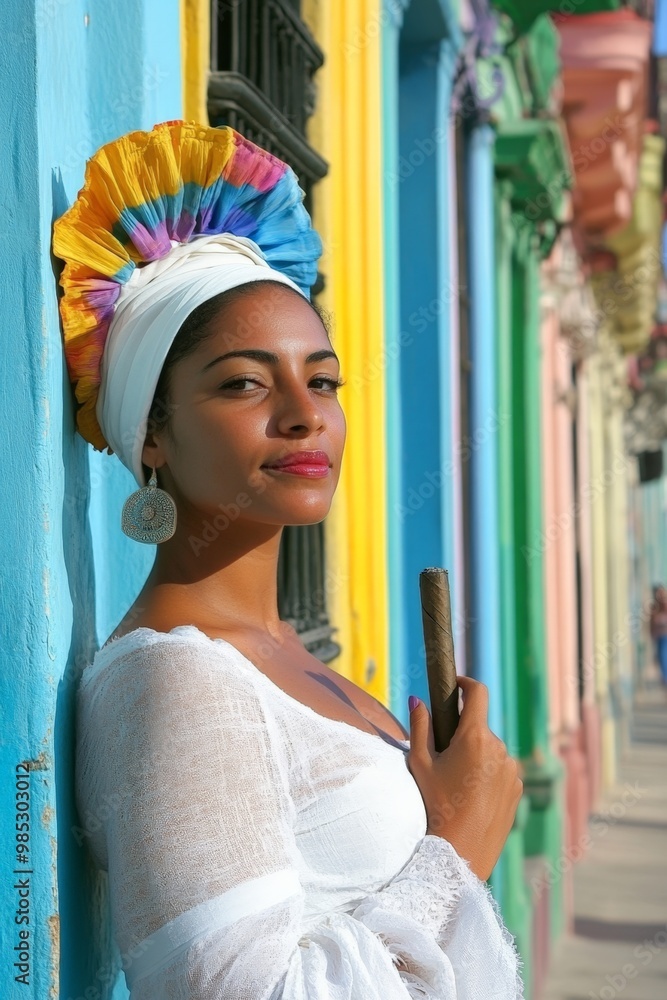 Φωτογραφία Close-Up Half body of a Cuban woman in a traditional white dress, holding a cigar, with Havanas colorful streets behind her