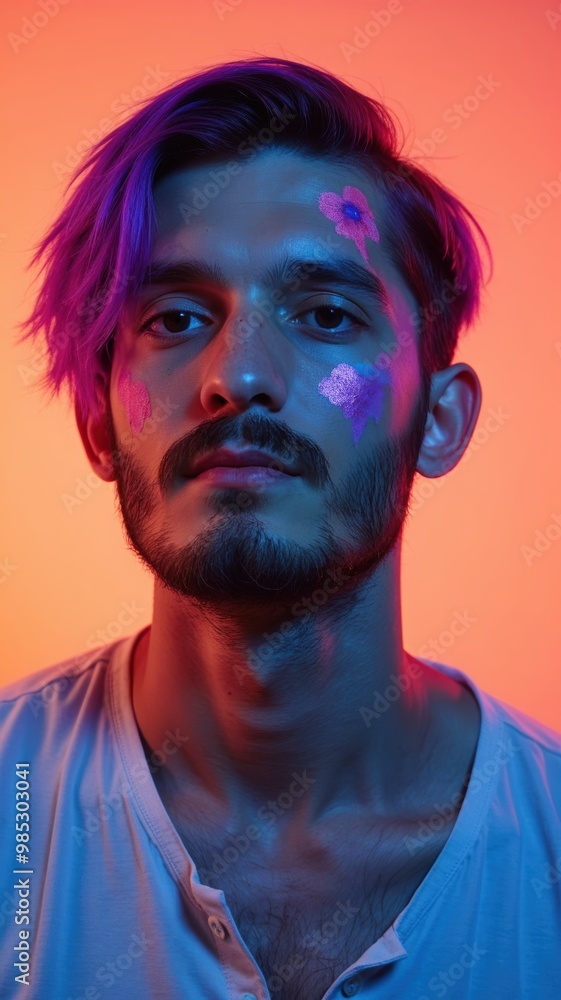 Young man with colorful face paint in a vibrant, neon-lit setting. Young man with colorful face paint in a vibrant, neon-lit setting.