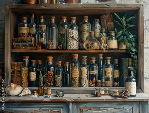 Magical Potion Bottles and Ingredients on a Wooden Shelf