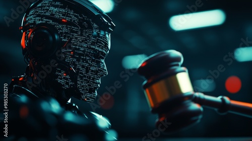 The judge's gavel slams down as a humanoid AI, bound by complex chains of legal jargon, sits motionless in a futuristic prison cell, its fate sealed photo