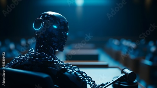 In a shadowy courtroom, a sleek humanoid robot bound tightly by chains made from countless legal papers, the gavel looming ominously in the background photo