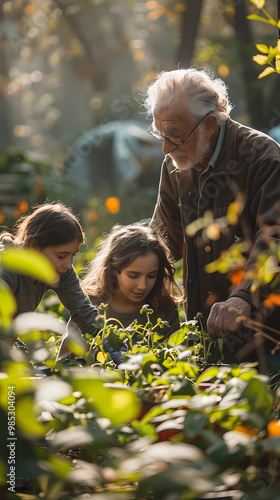 Grandparents and granddaughter gardening in the backyard