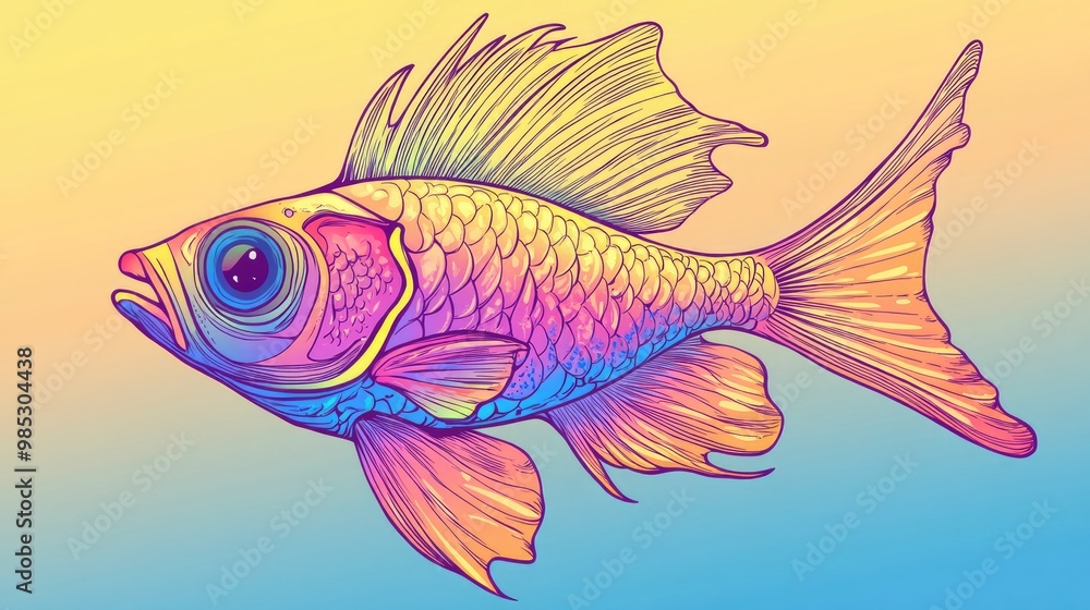 Line art illustration of a cold gradient drawing featuring a cartoon style exotic fish Line art illustration of a cold gradient drawing featuring a cartoon style exotic fish