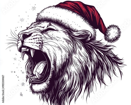 Line art illustration depicting a hand drawn roaring lion adorned with a Santa hat photo