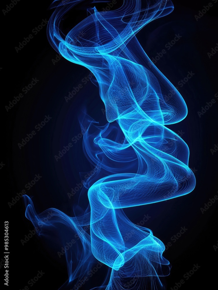 Abstract line art illustration of blue smoke on a black background Abstract line art illustration of blue smoke on a black background