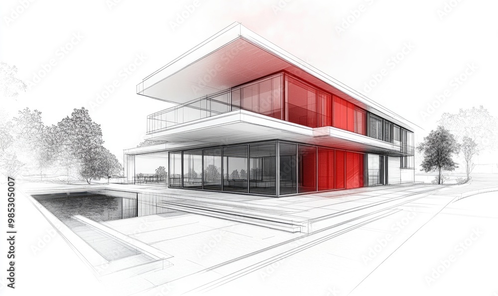 Line art illustration showcasing a conceptual 3D design of a house building architecture Line art illustration showcasing a conceptual 3D design of a house building architecture