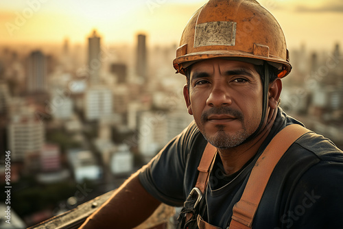 Hispanic male construction worker wearing a safety helmet and neon yellow vest on an industrial building site, prioritising safety and visibility