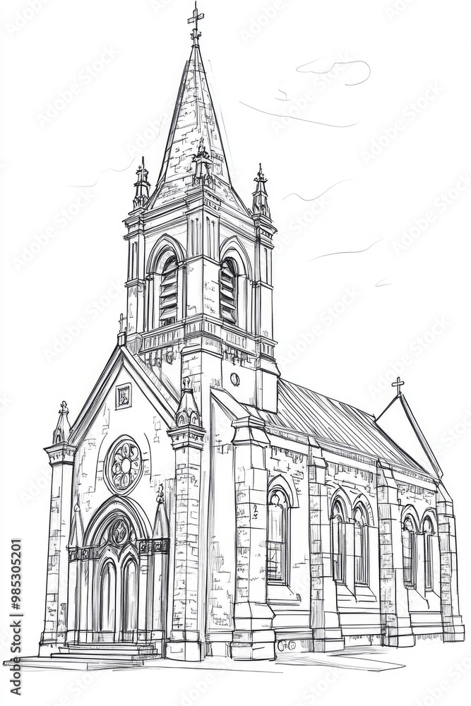 Line art sketch illustration of a church building design Line art sketch illustration of a church building design