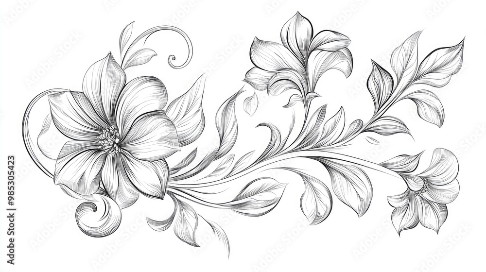 Line art illustration of a floral design sketch Line art illustration of a floral design sketch