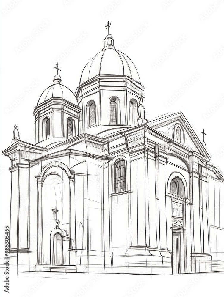 Line art illustration of a basilica featuring an ink sketch style Line art illustration of a basilica featuring an ink sketch style