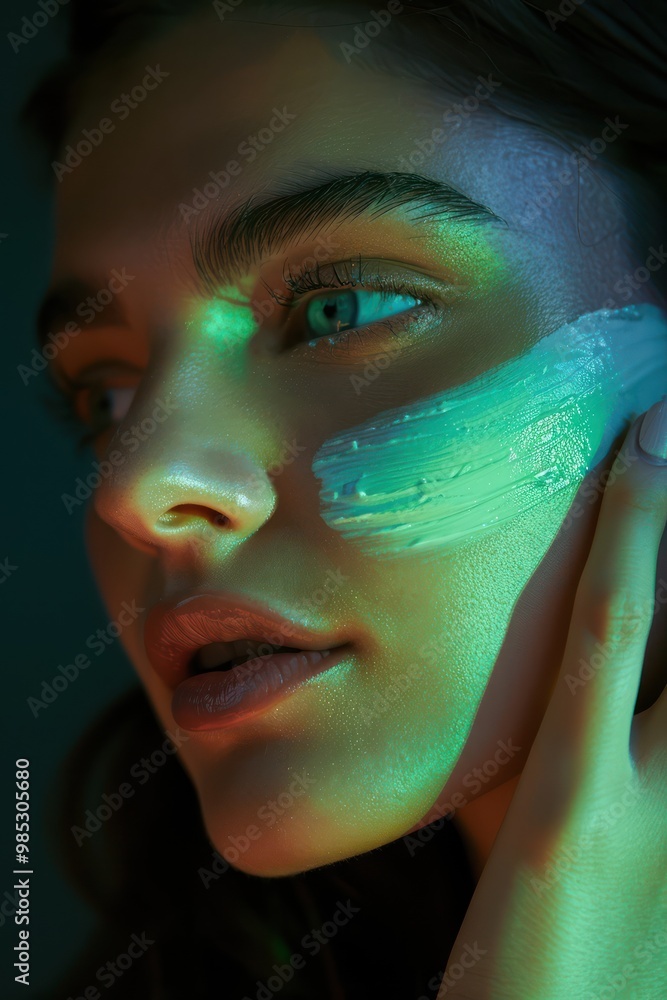 Fototapeta premium Beautiful white woman applies green cream on face in dark beauty studio, promoting sense of intimacy, focus. Smooth skin tone, gentle facial features create inviting atmosphere for viewer.