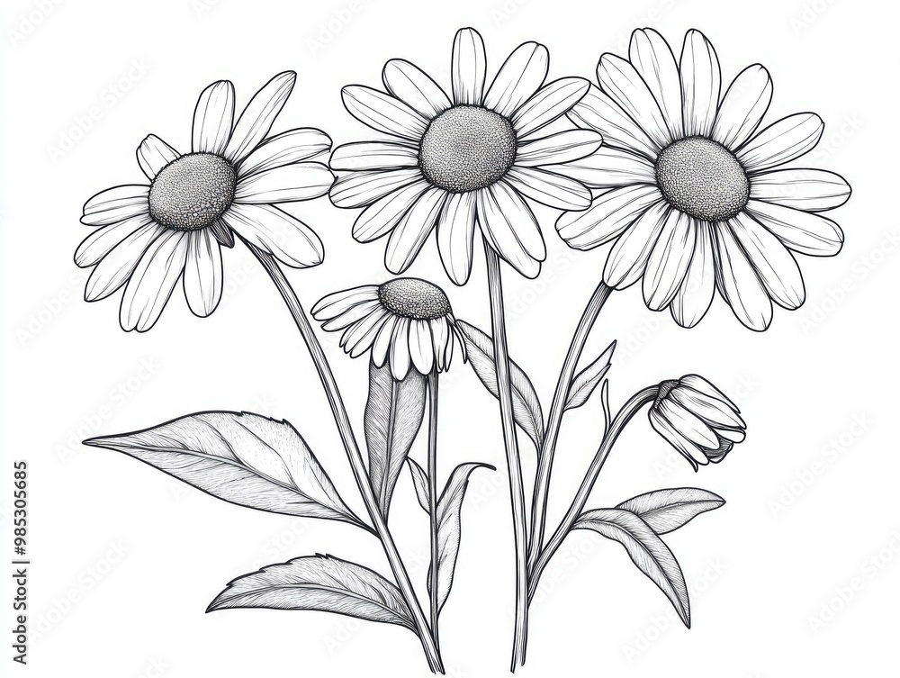 Line art illustration of daisy flowers isolated on a white background Line art illustration of daisy flowers isolated on a white background