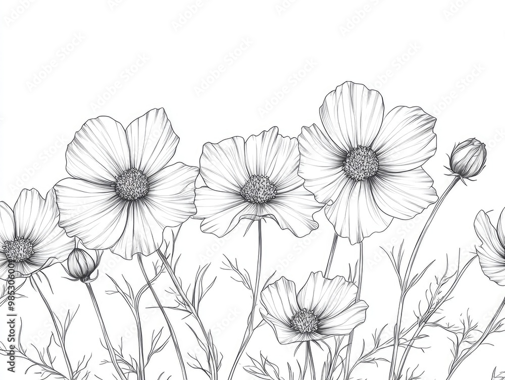 Cosmos flowers depicted in a line art design Cosmos flowers depicted in a line art design