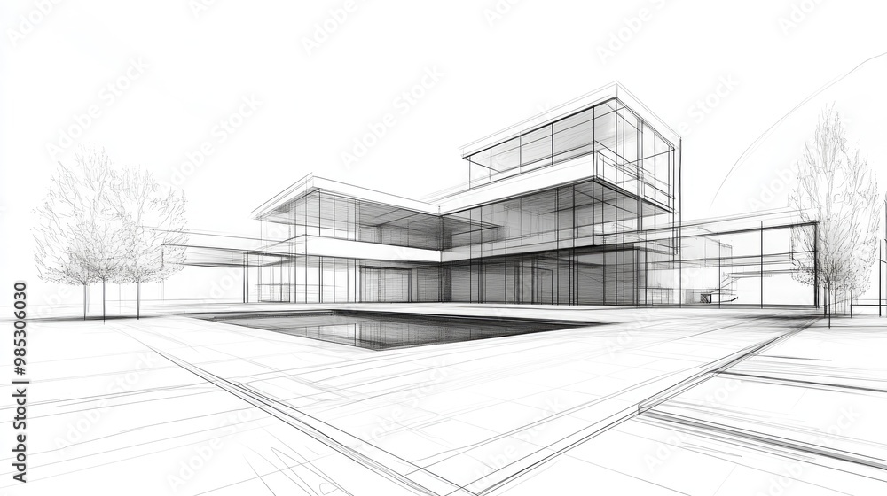Line art illustration showcasing a 3D architectural rendering concept design Line art illustration showcasing a 3D architectural rendering concept design